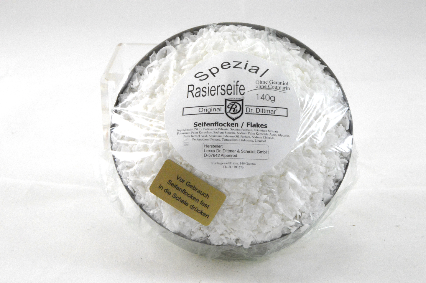 Dr. Dittmar Special Shaving Soap Flakes in stainless steel bowl 140 grams