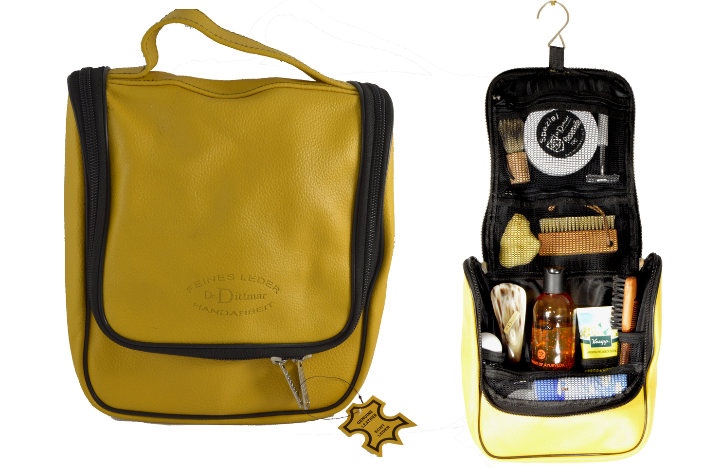 Hanging toiletry bag made of cowhide leather - yellow black