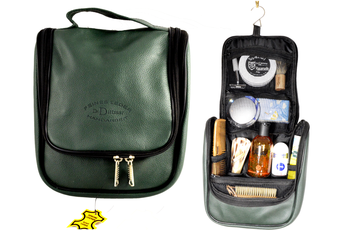Kulturtasche zum Aufhängen aus Rindleder - dark green
