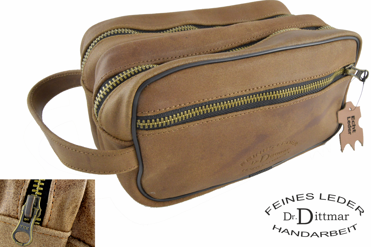 Toiletry bag with three compartments made of thick cowhide leather Vintage style