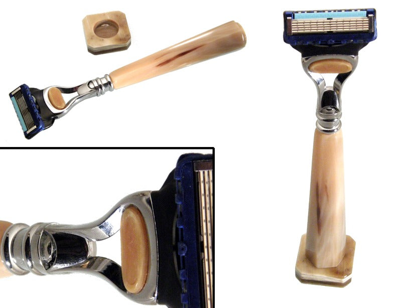 Fusion razor with horn handle and holder