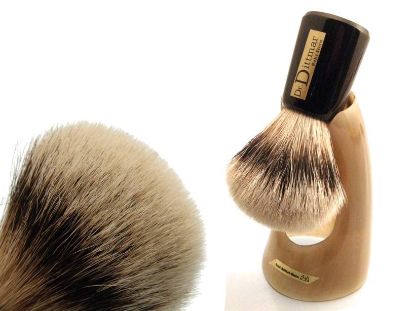 Buffalo horn shaving brush with matching horn station