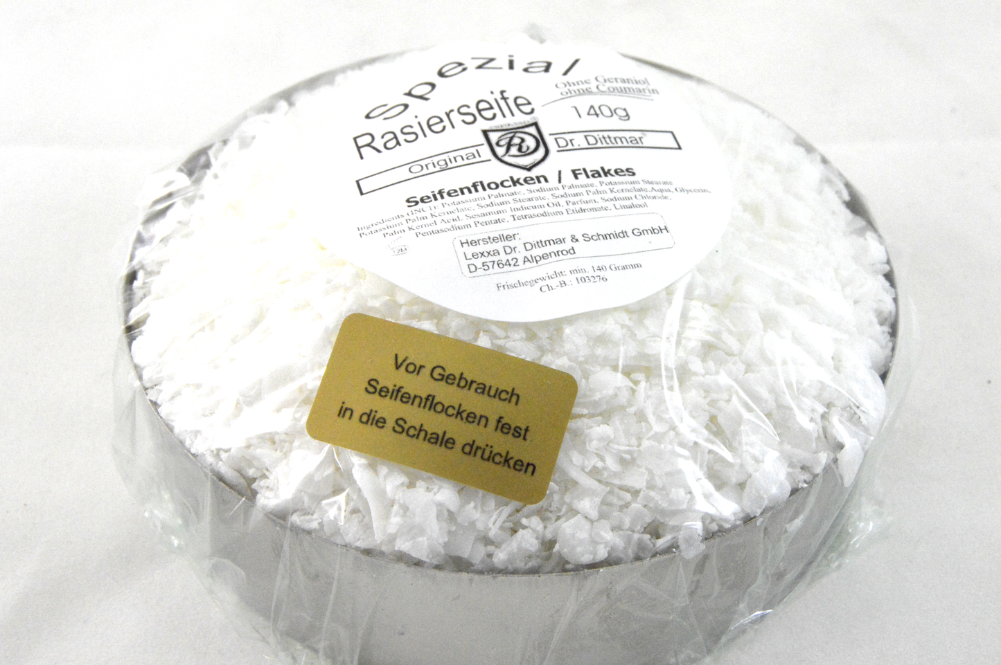 Dr. Dittmar Spezial-Rasierseife Flocken in Edelstahlschale 140 Gramm